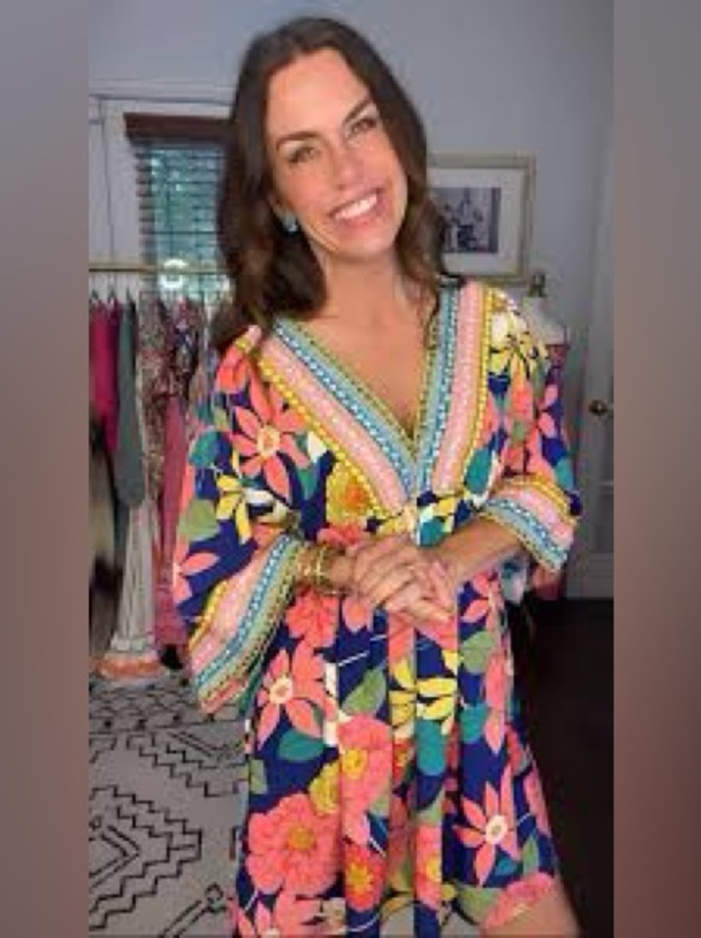 Veveret Multicolored Floral Embroidered Sleeve Print Tunic Dress, Size Large
